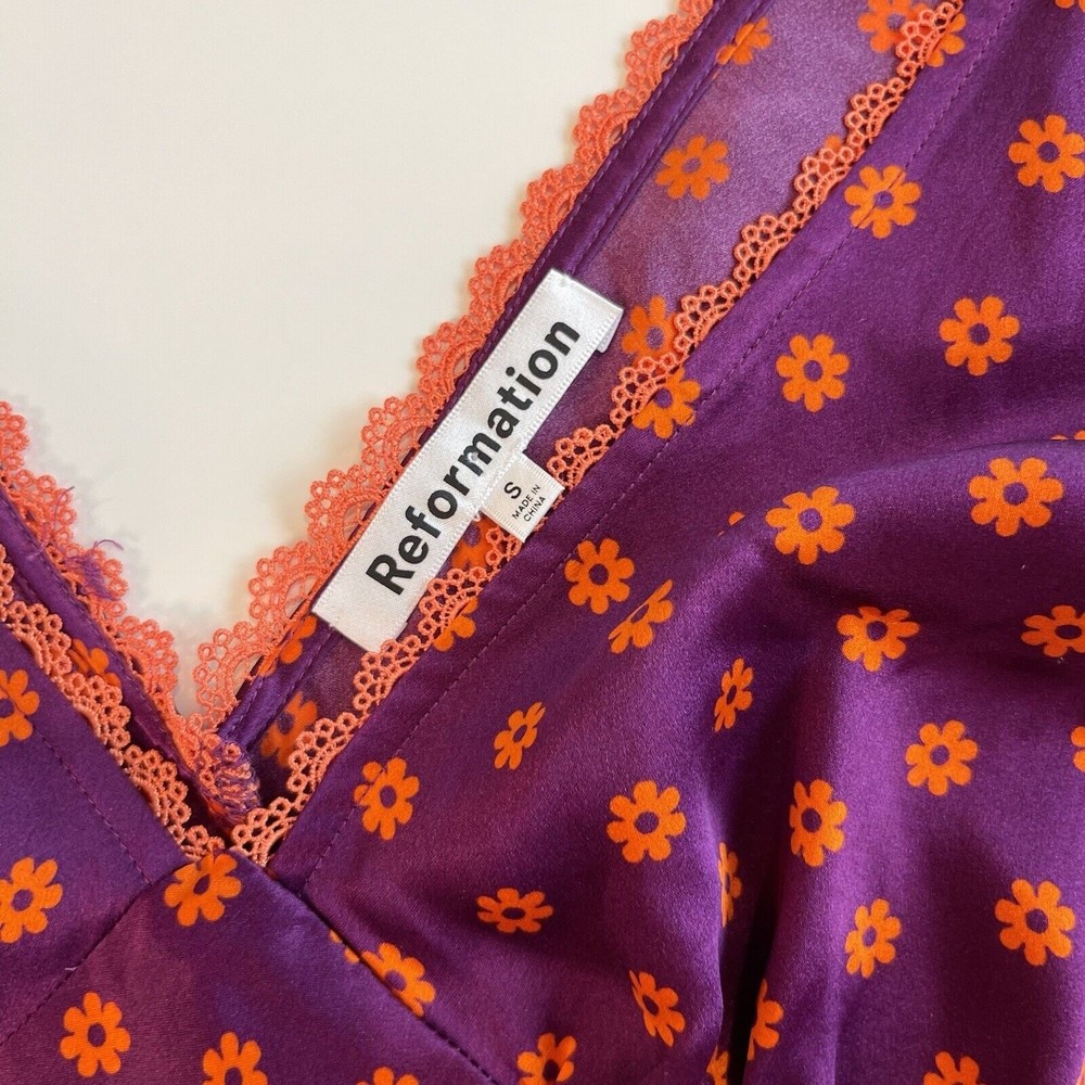 Reformation | Keaton Silk Floral Daisy Print Mini Dress Purple Orange Slip S - Picture 5 of 7
